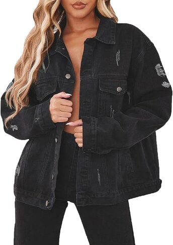 DvaeMalligo Women's Oversized Denim Jacket Casual Long Sleeve Button Down Distressed Trucker Jean Jackets with Pockets in Kuwait