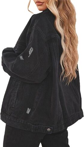 DvaeMalligo Women's Oversized Denim Jacket Casual Long Sleeve Button Down Distressed Trucker Jean Jackets with Pockets in Kuwait