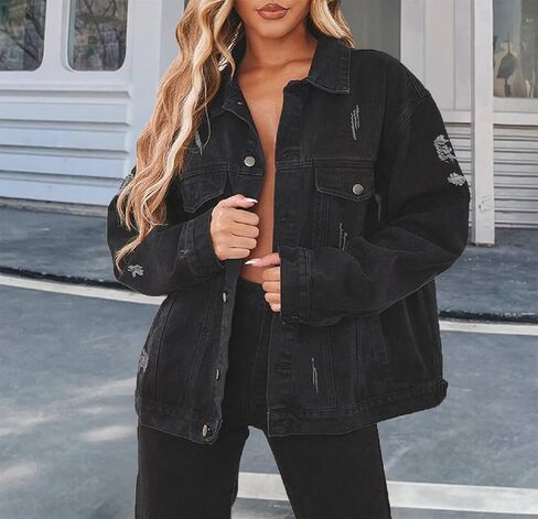 DvaeMalligo Women's Oversized Denim Jacket Casual Long Sleeve Button Down Distressed Trucker Jean Jackets with Pockets in Kuwait