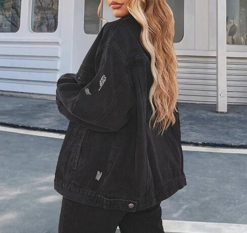 DvaeMalligo Women's Oversized Denim Jacket Casual Long Sleeve Button Down Distressed Trucker Jean Jackets with Pockets in Kuwait