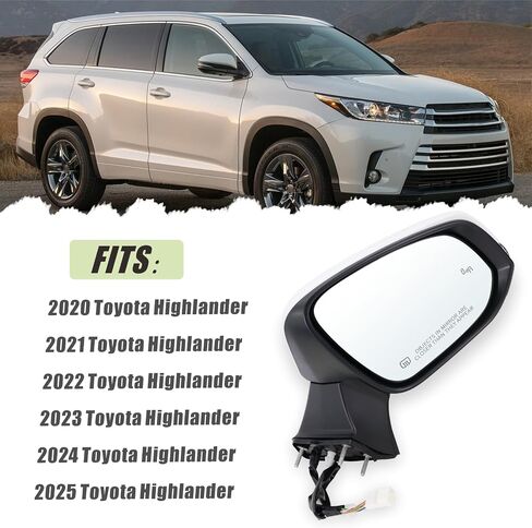 مرآة جانب السائق اليسرى متوافقة مع 2020 2021 2022 2023 2024 2025 Toyota Highlander مع زجاج طاقة قابلة للطي يدوي إشارة بدوره أعمى بقعة أسود استبدال#87940-0E350 (7pins) in Saudi Arabia