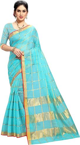 Women's Kota Doria Pure Cotton Saree With Unstiched Blouse Piece in Saudi Arabia