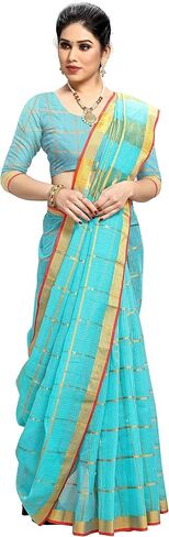 Women's Kota Doria Pure Cotton Saree With Unstiched Blouse Piece in Saudi Arabia