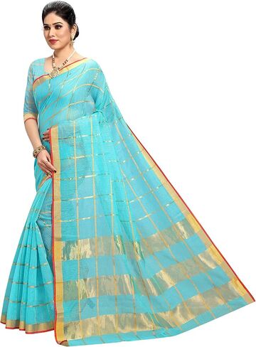 Women's Kota Doria Pure Cotton Saree With Unstiched Blouse Piece in Saudi Arabia