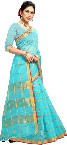 Women's Kota Doria Pure Cotton Saree With Unstiched Blouse Piece in Saudi Arabia