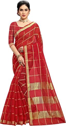 Women's Kota Doria Pure Cotton Saree With Unstiched Blouse Piece in Saudi Arabia