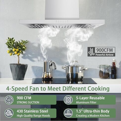 Oneeon 30 "Range Hood - 900 CFM الفولاذ المقاوم للصدأ الجدار الجدار العادم مع مروحة 4 سرعات ، مصابيح LED ، زر الضغط ، جسم رفيع للغاية ، محرك تنفيس موقد على طراز المدخنة ونبوة العادم. in Saudi Arabia