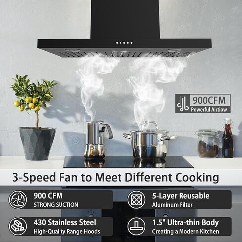Oneeon 30 "Range Hood - 900 CFM الفولاذ المقاوم للصدأ الجدار الجدار العادم مع مروحة 4 سرعات ، مصابيح LED ، زر الضغط ، جسم رفيع للغاية ، محرك تنفيس موقد على طراز المدخنة ونبوة العادم. in Kuwait