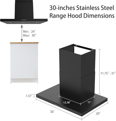 Oneeon 30 "Range Hood - 900 CFM الفولاذ المقاوم للصدأ الجدار الجدار العادم مع مروحة 4 سرعات ، مصابيح LED ، زر الضغط ، جسم رفيع للغاية ، محرك تنفيس موقد على طراز المدخنة ونبوة العادم. in Kuwait
