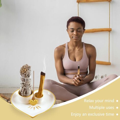 Palo Santo Holder Burner - 5.9" Ceramic Sage Incense Burner Catcher, Heart Shaped Incense Stick Holder Tray for Yoga, Meditation Accessories Room (Gold) in Saudi Arabia