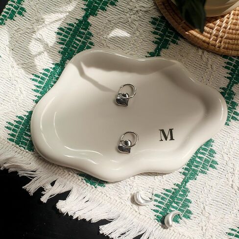 Ceramic Jewelry Tray Personalized Monogram Letter Ring Dish Unique Cloud Shaped Gift for Women Mom Bridesmaids (A-Z Initial) - Valentines Day Mother’s Day Wedding Favors Home Decor (M) in Kuwait
