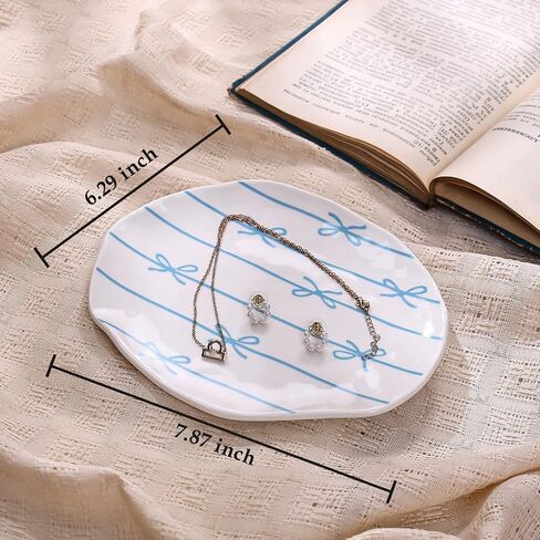 Koythin Ceramic Jewelry Tray, Cute Blue Stripe Bow Jewelry Dish for Women, Aesthetic Room Decor Trinket Dish for Birthdays Christmas Mother's Day (Blue Stripe Bow) in Saudi Arabia