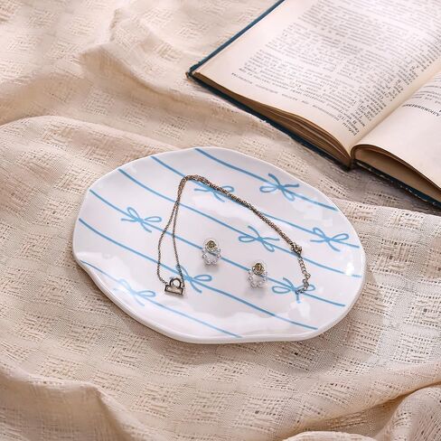 Koythin Ceramic Jewelry Tray, Cute Blue Stripe Bow Jewelry Dish for Women, Aesthetic Room Decor Trinket Dish for Birthdays Christmas Mother's Day (Blue Stripe Bow) in Saudi Arabia