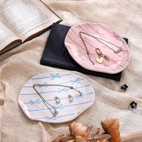 Koythin Ceramic Jewelry Tray, Cute Blue Stripe Bow Jewelry Dish for Women, Aesthetic Room Decor Trinket Dish for Birthdays Christmas Mother's Day (Blue Stripe Bow) in Saudi Arabia
