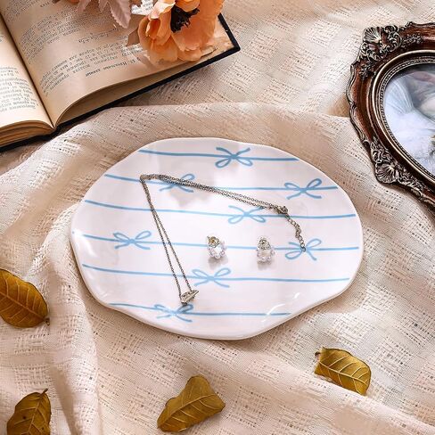 Koythin Ceramic Jewelry Tray, Cute Blue Stripe Bow Jewelry Dish for Women, Aesthetic Room Decor Trinket Dish for Birthdays Christmas Mother's Day (Blue Stripe Bow) in Saudi Arabia