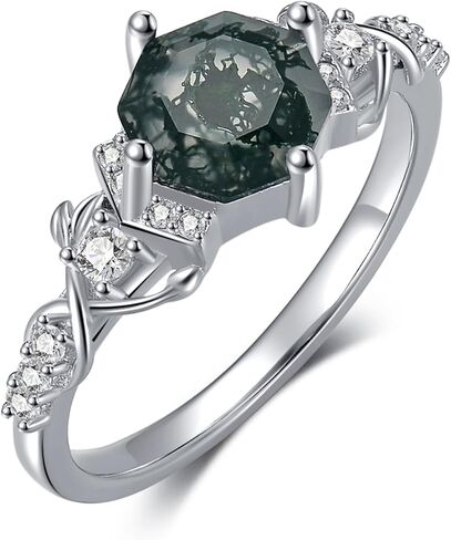 Moss Agate Ring Sterling Silver Moss Agate Gemstone Rings Set for Women Engagement Ring Jewelry for Mothers Day Birthday Gifts Her Wife in Saudi Arabia