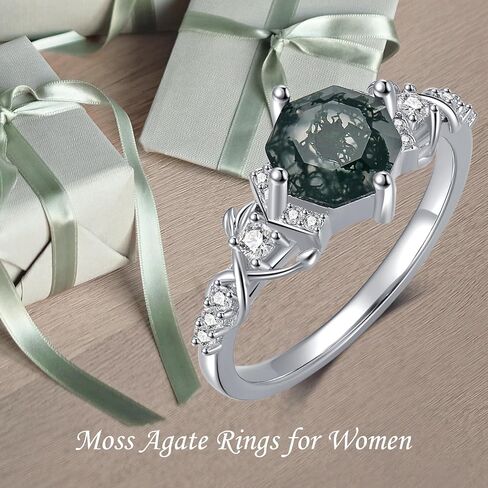 Moss Agate Ring Sterling Silver Moss Agate Gemstone Rings Set for Women Engagement Ring Jewelry for Mothers Day Birthday Gifts Her Wife in Saudi Arabia