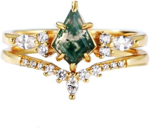 خواتم الخطبة الطبيعية الطبيعية للنساء 14K مطلي بالذهب 925 الجنيه الاسترليني الفضي Kite Cut Moss Agate مجموعة الأحجار الكريمة العرس مجموعة الوعد خاتم الزفاف هدايا عيد الحب لها in Kuwait