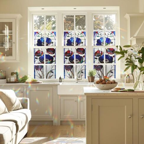 Ancient Oak Tree & Sunset Glow Stained Glass Window Film, Decorative Ancient Oak Tree & Sunset Glow Stained Glass Window Film, Ancient Oak Tree Stained Glass Window Film for Bathroom Door Heat Anti UV in Kuwait