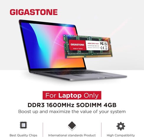 ذاكرة الوصول العشوائي DDR3 RAM GIGASTONE 4GB DDR3/DDR3L 1600MHz (1333MHz) PC3-12800 (PC3-10600) CL11 1.35V/1.5V 2Rx8 SODIMM 204 Pin غير مخزنة وغير ECC ترقية ذاكرة الكمبيوتر المحمول المحمول in Saudi Arabia