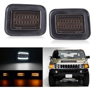 LED الأمامي إشارة الزاوية مصابيح العلامة المتوافقة مع H2 2003-2009 ، ديناميكية العنبر الإشارة الإشارة ضوء + مصباح وقوف السيارات الأبيض ، لين المدخن