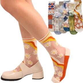 6 Pairs Flower Sheer Socks for Women, Lace Mesh See Through Transparent Nylon Socks, Vintage Summer Thin Footies