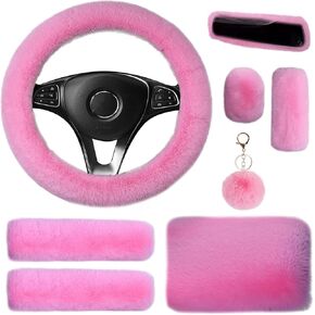 8 Pieces Fluffy Steering Wheel Cover Set, LUOYOYY Cute Fur Car Accessories Winter-Warm Furry Steering Wheel Cover Fashion Universal Fuzzy Car Accessories Sets for Women Girls (Pink) in Kuwait