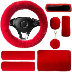 8 Pieces Fluffy Steering Wheel Cover Set, LUOYOYY Cute Fur Car Accessories Winter-Warm Furry Steering Wheel Cover Fashion Universal Fuzzy Car Accessories Sets for Women Girls (Pink)