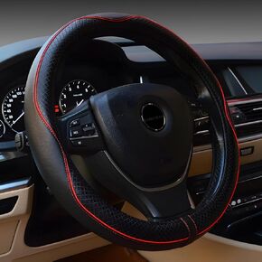 LABBYWAY Microfiber Leather Steering Wheel Cover, Universal 14.5-15 Inch Steering Wheel Anti Slip Car Interior Accessories for Men Women (Black with Red line)