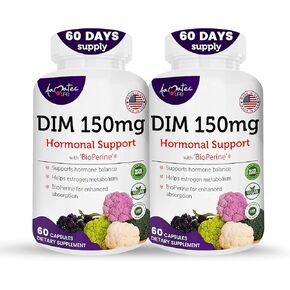 Women’s DIM Complex 150mg - Bioperine Estrogen Balancing Pills for Menopause & Hot Flashes Relief Support Hormonal Acne Powerful Supplement - 60 Capsules - Made in USA