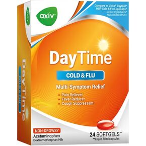 AXIV Daytime Multi-Symptom, Daytime Cold and Flu Relief Softgels, Non-Drowsy Cold Medicine, Relief of Pain, Sore Throat, Minor Aches and Pains, Fever, Cough, Nasal Congestion, 24 Count