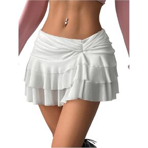 Women's Y2k Lace Mini Skirt Layered Ruffle Low Rise Flowy Short Skirt Ruched Cake Skirt