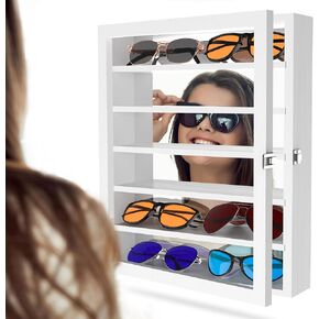 ALYOEN MIRROR Sunglasses Organizer ، 13 "× 15.6" علبة عرض نظارات ، صندوق نظارات ذو جدار محمولة على الحائط مع 6 أرفف قابلة للإزالة ، حماية مقاومة للغبار
