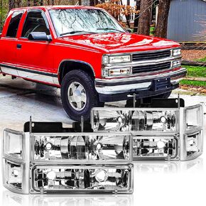 Headlights Assembly for 1994 1995 1996 1997 1998 OBS Chevy Silverado C/K 1500 2500 3500 Suburban, 1995-1999 Replacement Tahoe Headlamp w/Bumper Light,Chrome Housing Clear Reflector