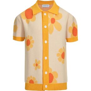OXKNIT Men's Short-Sleeved Knit Polo with Flowers Casual Button Down Cardigan