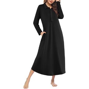 Ekouaer Nightgowns for Women Long Sleeve Sleepshirt Button Nightshirt Plaid Full Length Sleepwear with Pockets S-XXXL