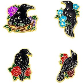 Black Crow Pins Set Cute Christmas Kawaii Bird Backpack Brooch Pins Rose Flower Lapel Pin Aesthetic Badges for Women Men Clothing Bags Art Lapel Jackets Hats DIY Accessories Gift