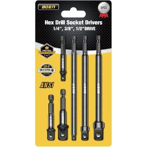BOEN 6-Piece Impact Grade Socket Adapter Set, 3-Inch & 6-Inch Hex Shank Extension Bit, 1/4", 3/8", and 1/2" Drive, Adapt Your Power Drill To High Torque Impact Wrench