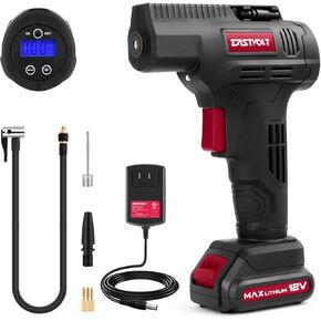 ضاغط الهواء Eastvolt 12V الإطارات ، طاقة كهربائية متعددة الأغراض ، أقصى 150psi مع مقياس قياس 4 وحدات ، 3 فوهات ، شاحن سريع وبطارية 1.5 AH قابلة لإعادة الشحن