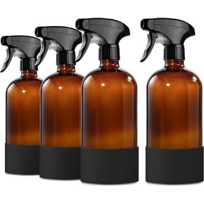 زجاجات رذاذ الزجاج العنبر GMISUN للتنظيف ، زجاجات رذاذ زجاجية بنية بني 4Pack للتنظيف ، زجاجات تنظيف فارغة قابلة لإعادة الاستخدام للنباتات ، 4 أكمام من السيليكون ، 4 مساءً فوهات قابلة للتعديل
