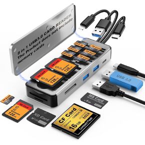 قارئ بطاقات ذاكرة 7 في 1، حامل حقيبة حمل بطاقات ذاكرة متعددة من الألومنيوم SD/TF/CF/MS/XD/USB*2 محول قارئ بطاقات بمنفذ للهاتف/الوسادة USB C وأجهزة USB A، لا يتطلب تطبيق التوصيل والتشغيل