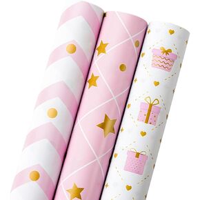 MAYPLUSS Birthday Wrapping Paper Roll - Mini Roll - 17 inch x 120 inch Per roll - White & Gold Foil Design (42.3 sq.ft.ttl) in Kuwait