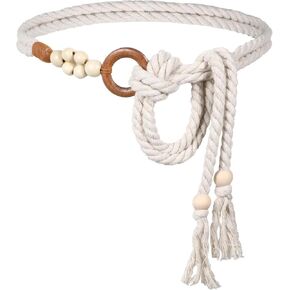 Women Tassel Braided Waist Belt, Women's Skinny Tassel Waist Belts with Wooden Beads Waist Belt Rope Chain, Trendy Boho Thin Belts White Thin Woven Waist Rope Belt for Dresses Skirts Tunics