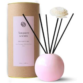 Ampure Scents, Reed Diffuser Set, White Musk Fragrance in a Ceramic Scent Bowl & Glass Base, 5oz (150ml) - 5 Natural Fiber Reed Sticks Decorative Flower – Elegant Home & Office Decor (Rose)