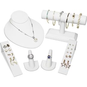 MOOCA 6-Piece Jewelry Display Set, Necklace Display Bust, T-Bar Bracelet Stand, Earring Organizer, Ring Holder Stand for Showcase and Store, Premium White Faux Leather