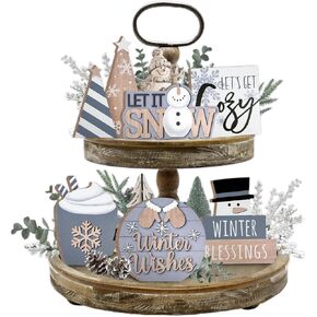 Winter Tiered Tray Decor, Gray Winter Snowflakes Tray Decorations Set, Let It Snow Snowman Hot Cocoa Wooden Signs, Christmas Rustic Home Decor for Tabletop Shelf Mantel Party