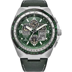 مواطن الرجال البارزان للرجال Skyhawk A-T Watch ، الاتصال الهاتفي الأخضر ، حزام الجلود الأخضر ، حفظ الوقت الذري (النموذج: JY8147-01X)