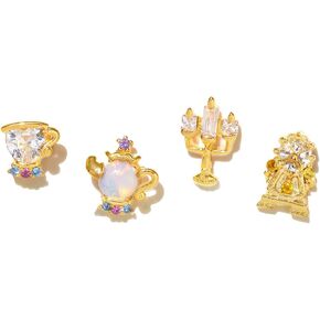 4 Pack TV Movies Princess Beauty Inspired Stud Earrings, 925 Silver Gold-Tone Crystal Teacup and Teapot Design Earrings Stud (4)