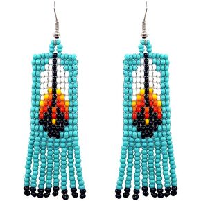 Mia Jewel Shop Handmade Native American Style Tribal Seed Bead Feather Pattern Fringe Dangle Earrings (Turquoise)