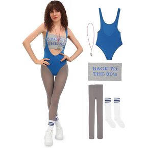 DAZCOS Lisa Cosplay Costume Women US Size Retro 80s Workout Outfit with Tight Pants Striped Socks